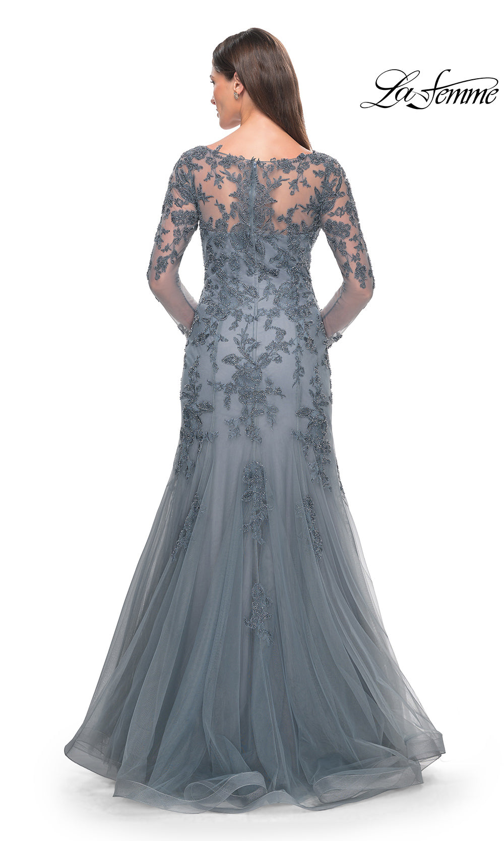 Gray evening gown with lace detailing on a white background