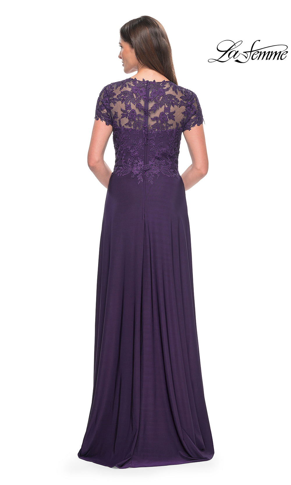 Purple evening gown with lace top on a white background