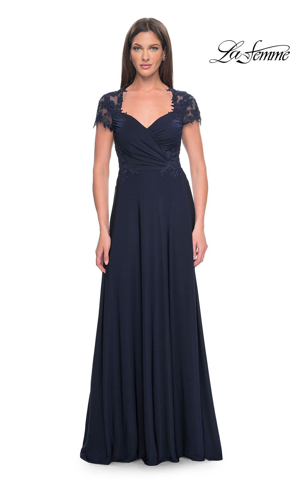 Navy blue evening gown with lace cap sleeves on a white background