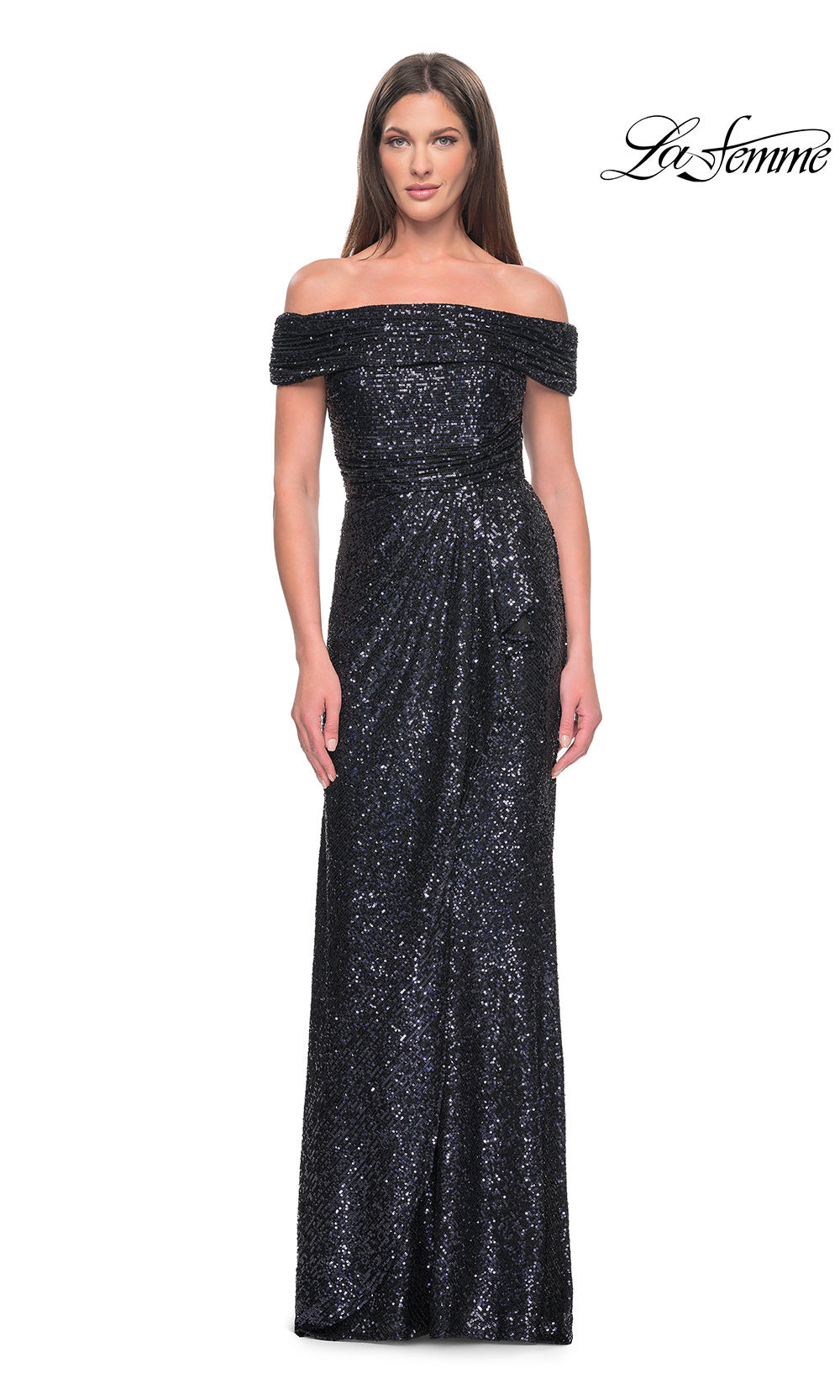 Woman wearing a black off-shoulder sequin gown on a white background with 'La Femme' branding.