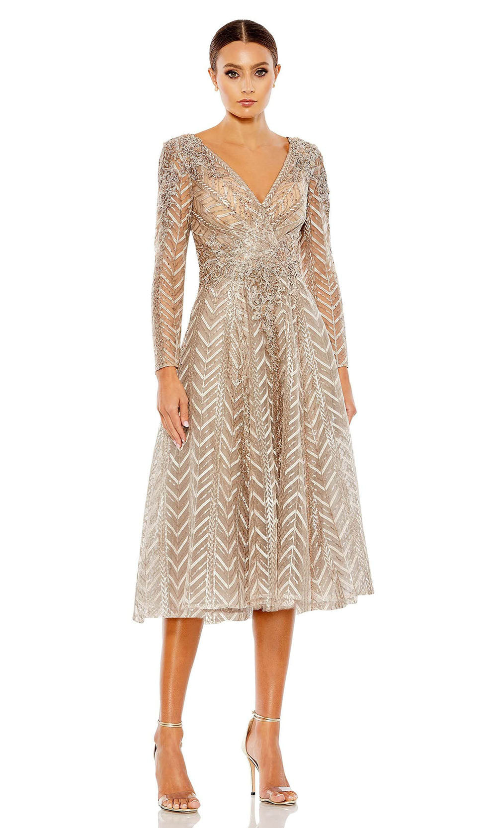 Mac Duggal - 20399 Long Sleeve Embellished A-Line Dress In Brown