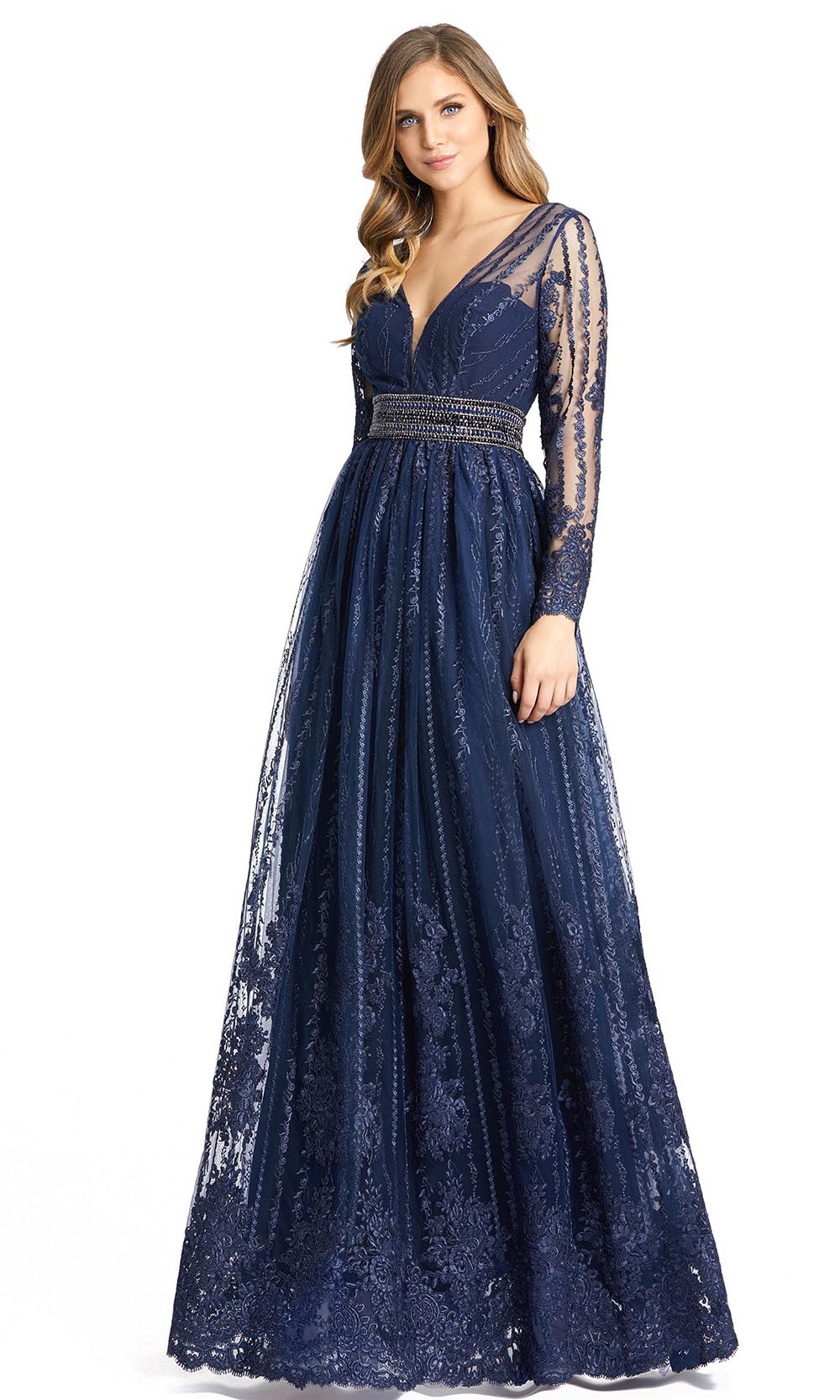 Mac Duggal - 66591D Embroidered Plunging V Neck A-Line Gown In Blue