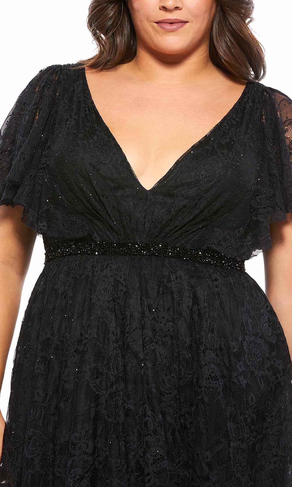 Mac Duggal - 67542F V Neck Floral Lace Empire Dress In Black
