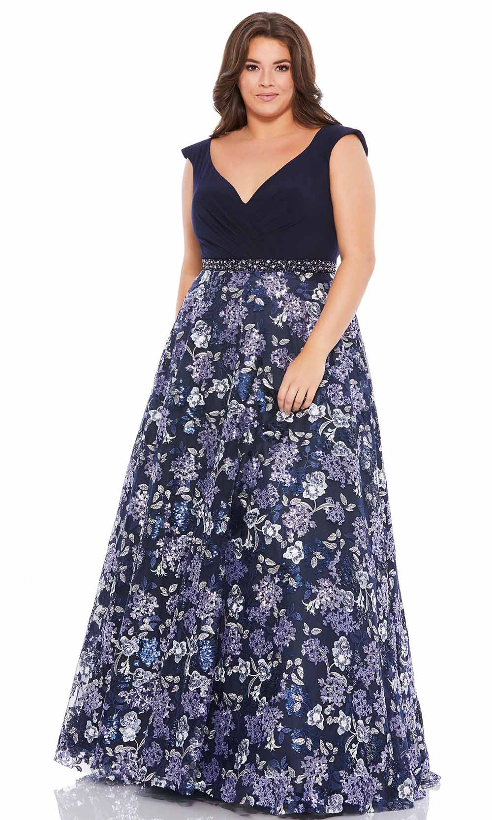 Mac Duggal - 67764F V Neck Embellished A-Line Gown In Blue