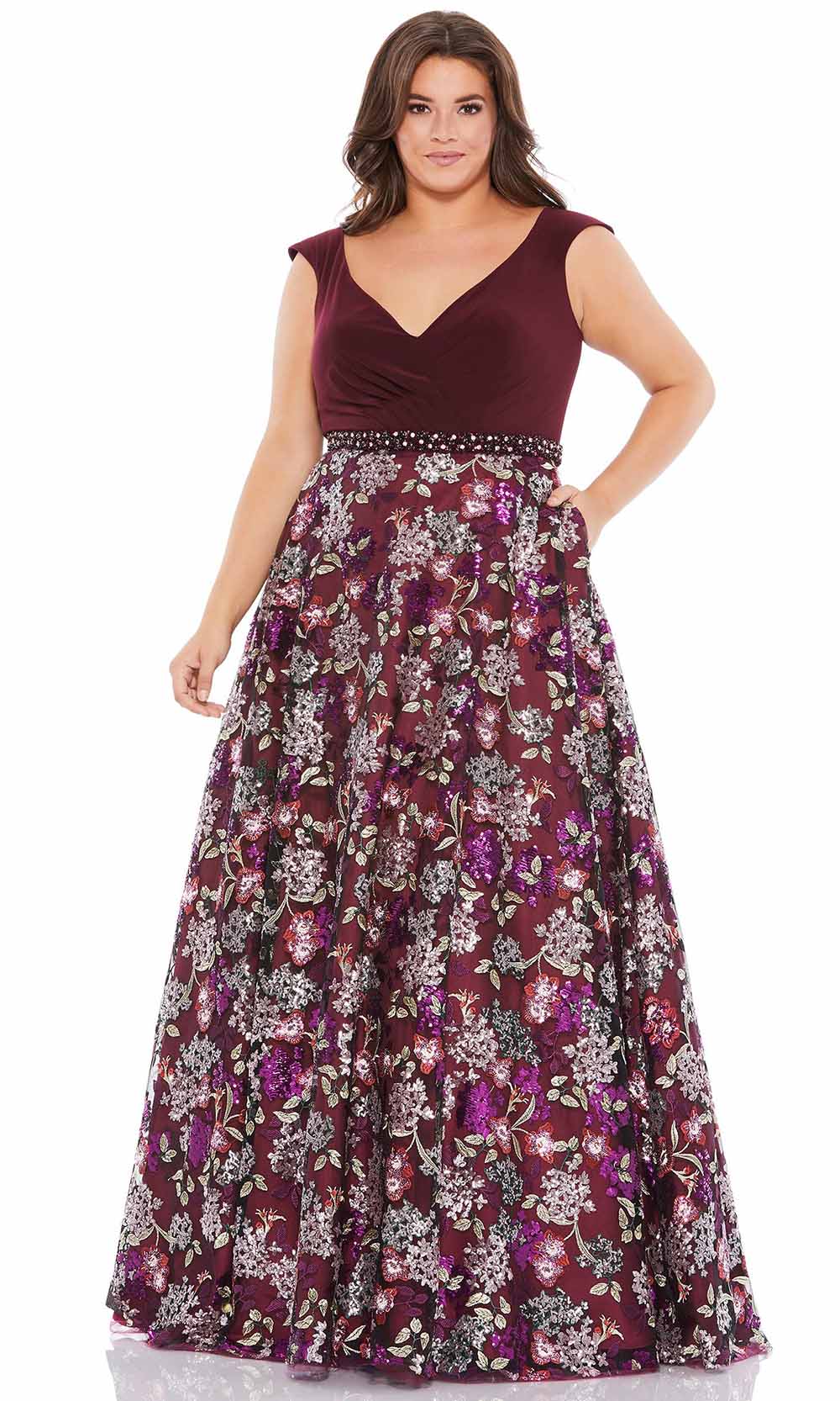 Mac Duggal - 67764F V Neck Embellished A-Line Gown In Red