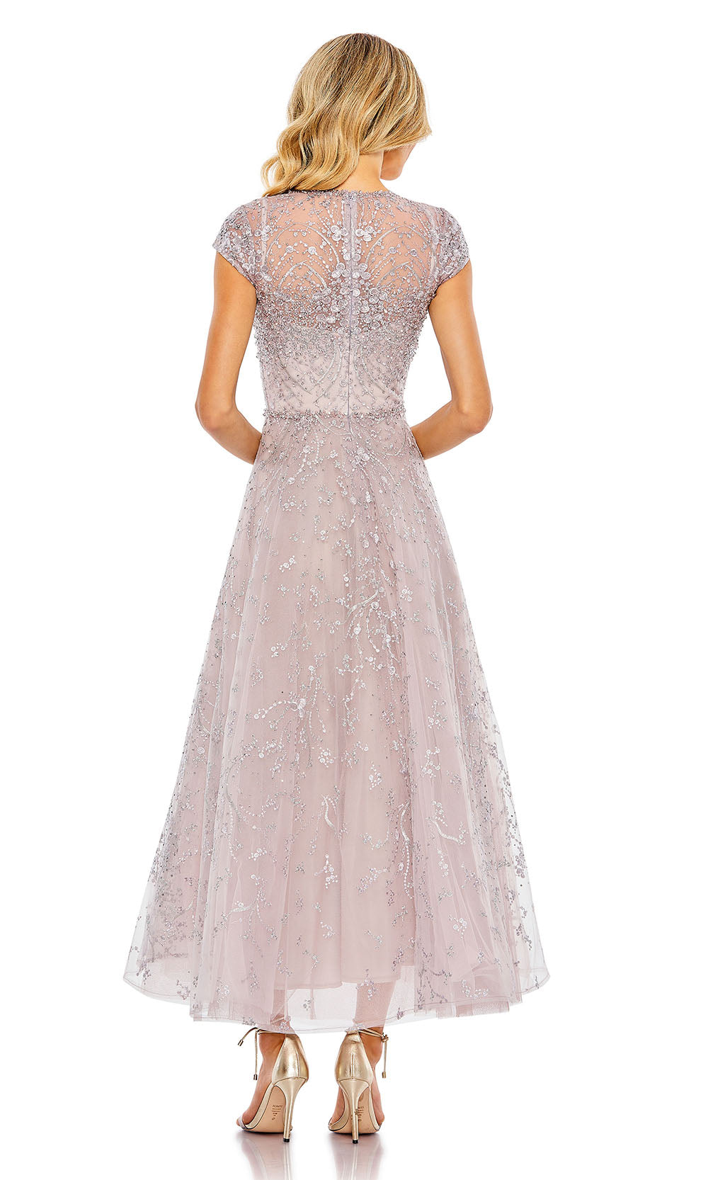 Mac Duggal 20338 Lilac back view mother-of-the-bride tea-length beaded mesh gown with high back full coverage, cap sleeves, centre-back zip, black-tie event dress