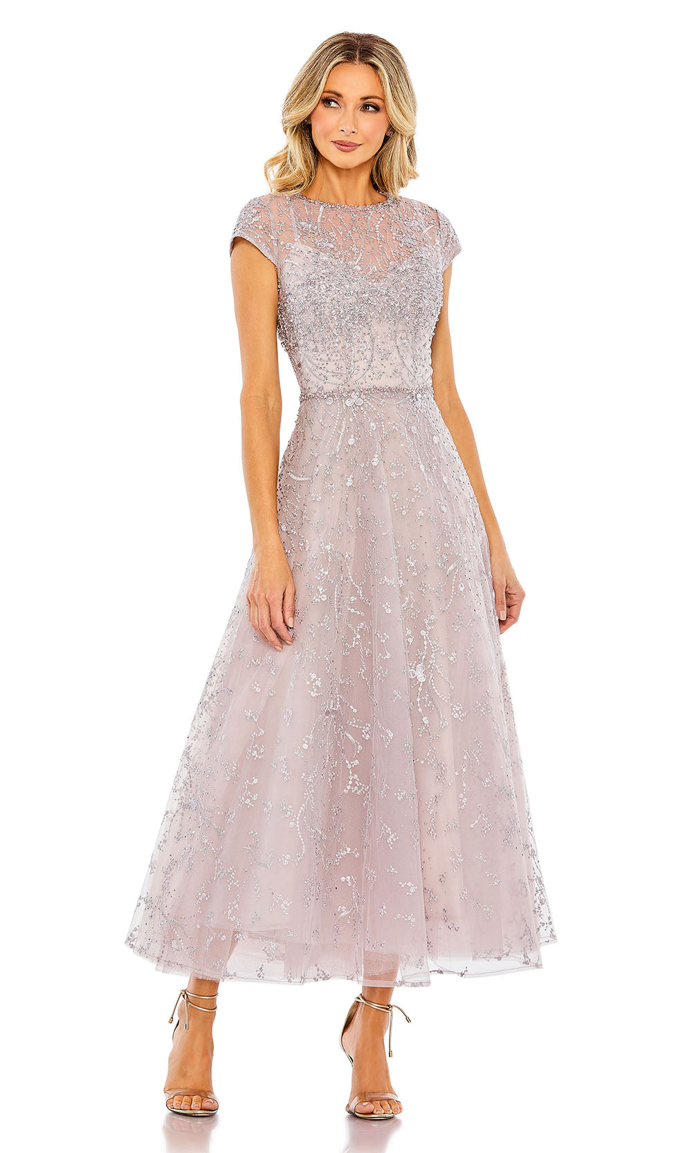 Mac Duggal 20338 Lilac front view mother-of-the-bride tea-length beaded mesh gown with illusion high neckline, 3D floral rosettes, A-line silhouette, formal wedding celebration dress