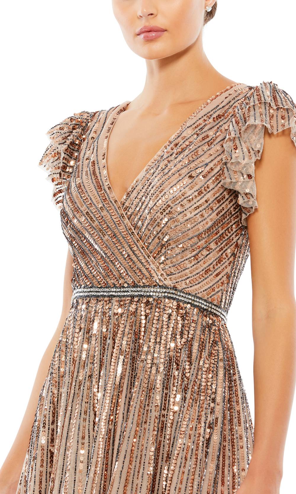 Mac Duggal - 5502 Sequined V-Neck A-Line Dress In Brown