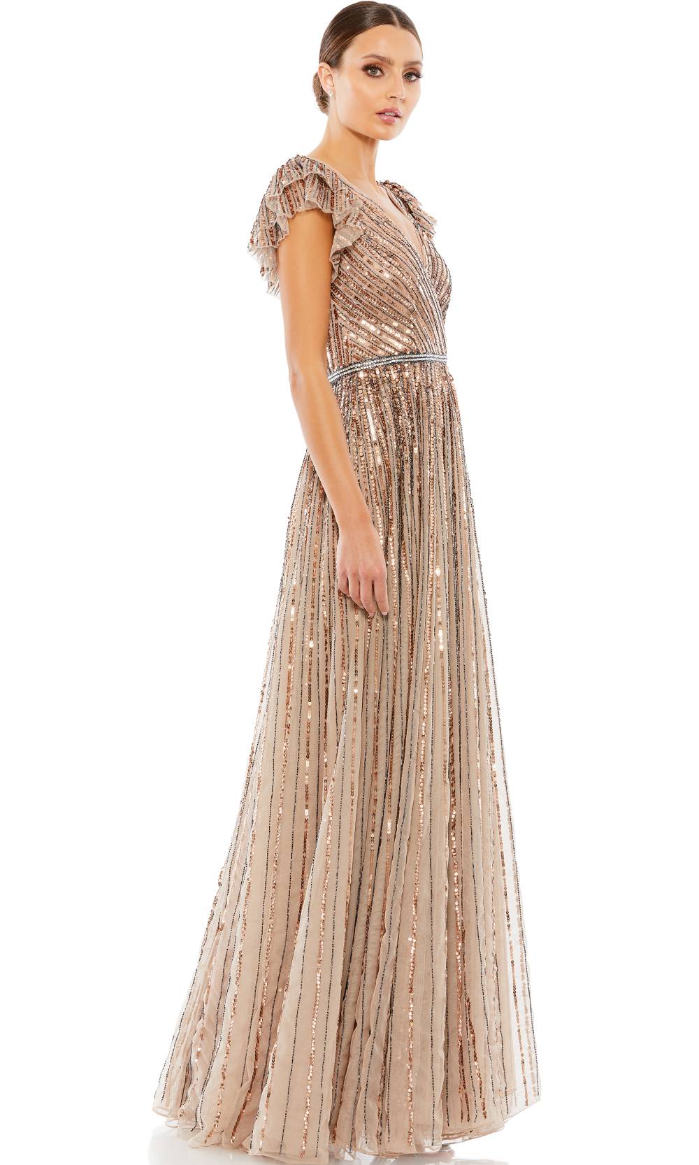 Mac Duggal - 5502 Sequined V-Neck A-Line Dress In Brown