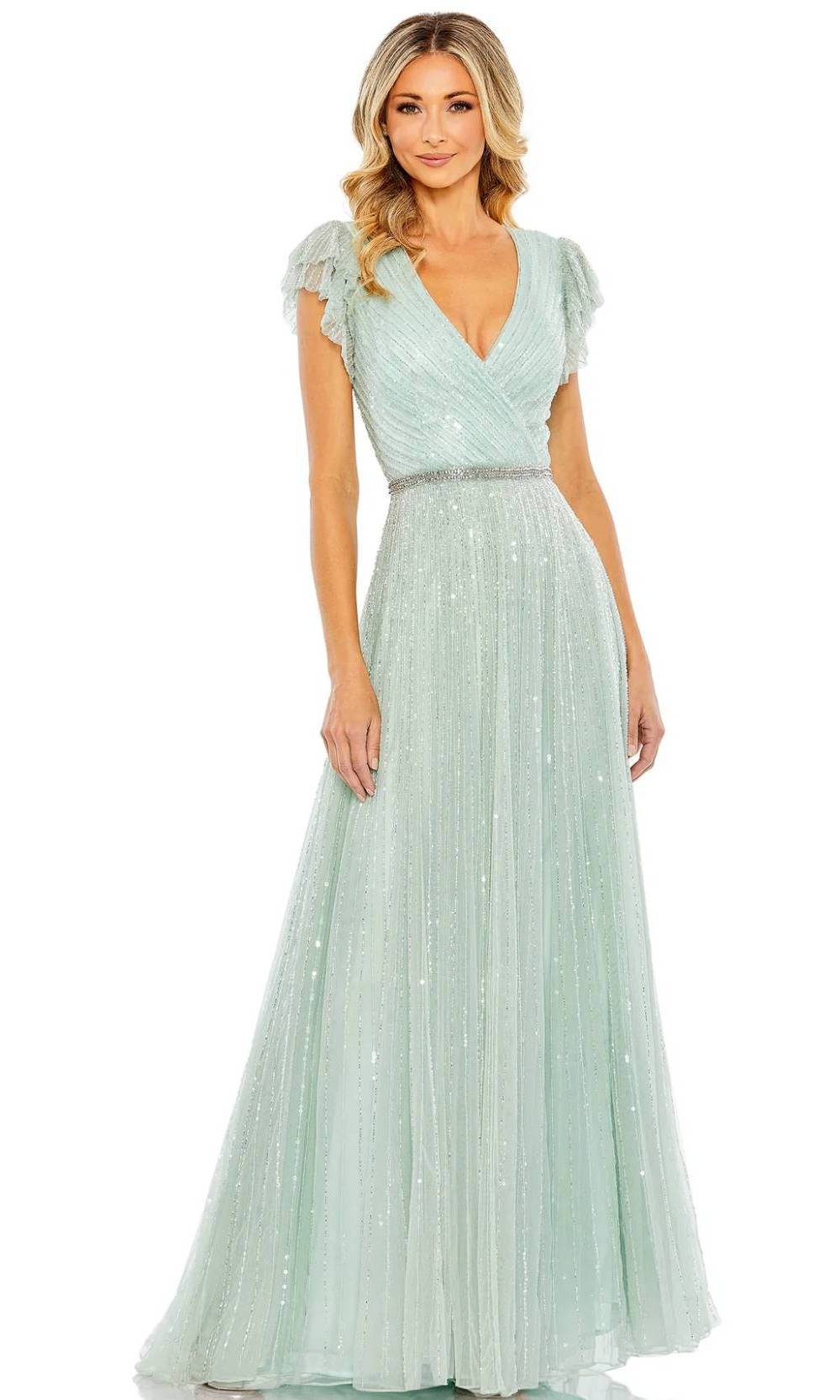 Mac Duggal - 5502 Sequined V-Neck A-Line Dress In Seamist