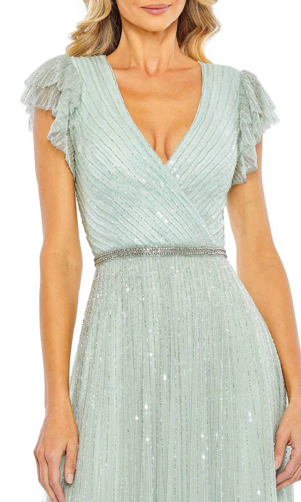 Mac Duggal - 5502 Sequined V-Neck A-Line Dress In Seamist