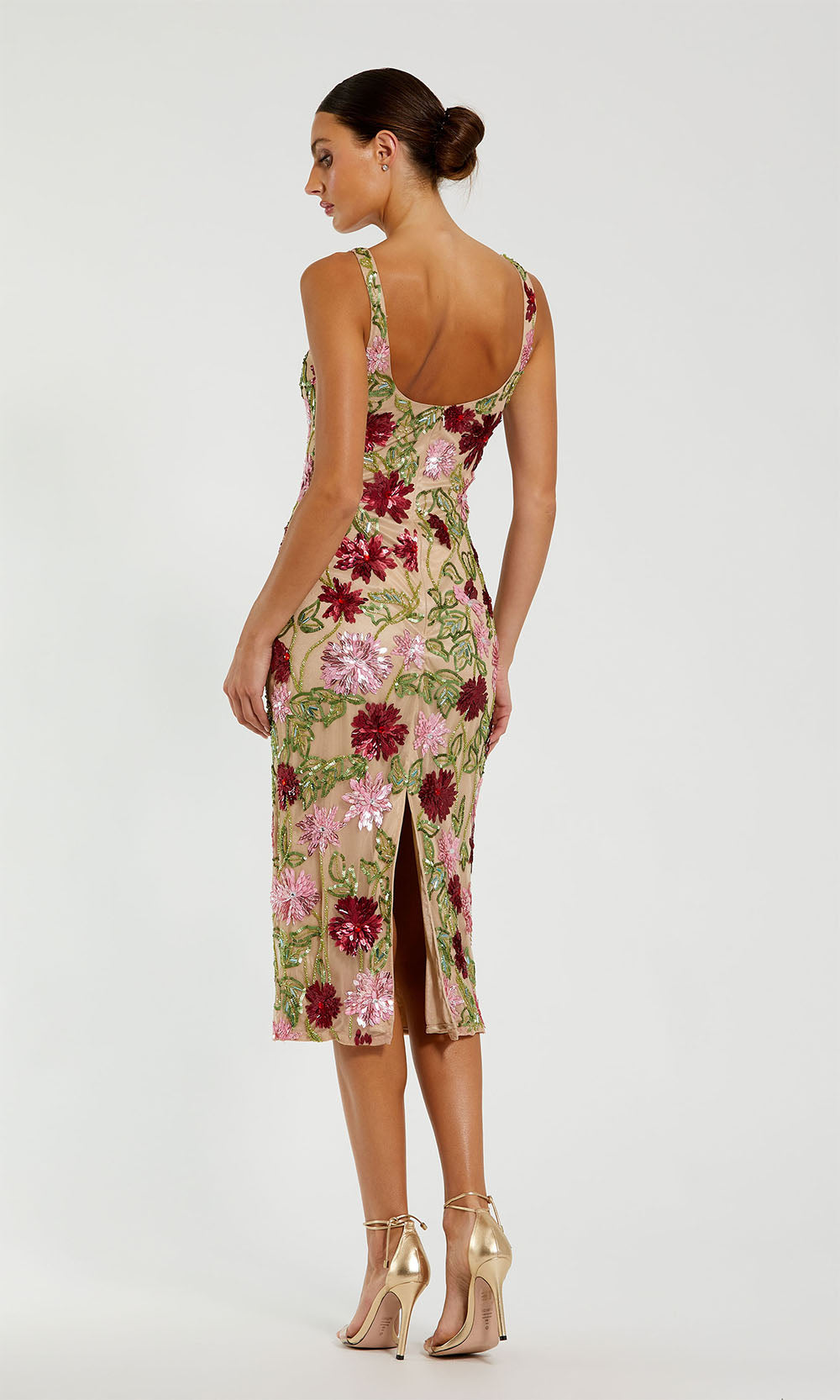 Mac Duggal 6124 Champagne Beige Multicolor back view cocktail dress with scoop back beaded floral appliqués wide shoulder straps knee-length mesh cocktail party dress