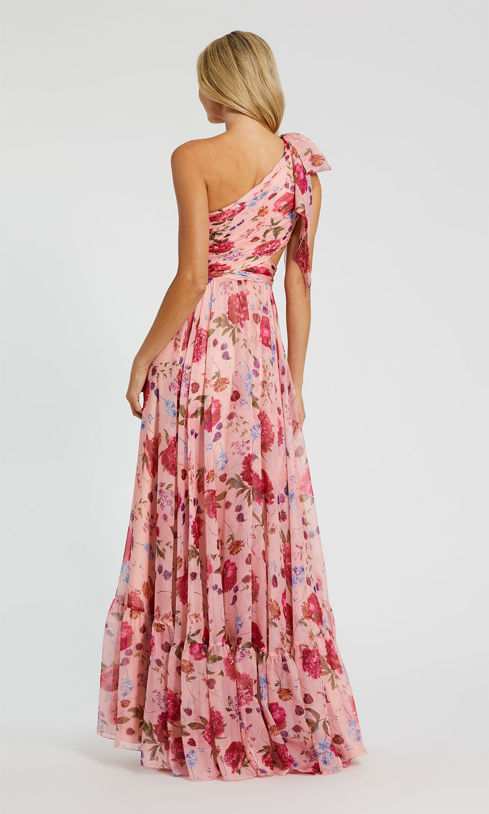 Mac Duggal 68553 Blush Pink Multicolor back view one-shoulder floral chiffon gown showing full flowing skirt and side waist cut-out, prom evening gown