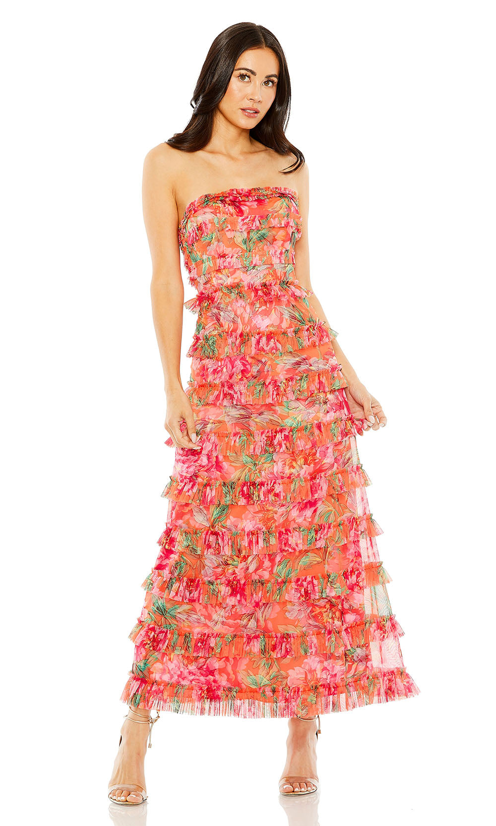 Mac Duggal 8137 orange multicolor front view strapless tiered ruffle tea-length floral print dress formal gala dress with printed mesh fabric fit-and-flare silhouette evening gown