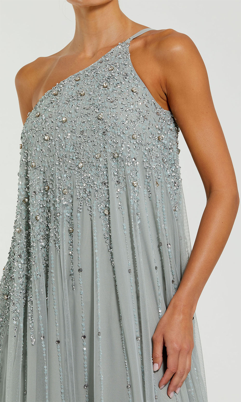 Mac Duggal 9224 sage detail view scatter beading and sequin embellishment cascading down tulle skirt one-shoulder open-back gown, prom evening gown
