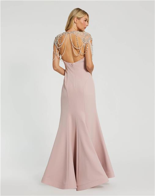 Mac Duggal 11775 Beaded Illusion High-Neck Mermaid Jersey Gown with Sweep Train