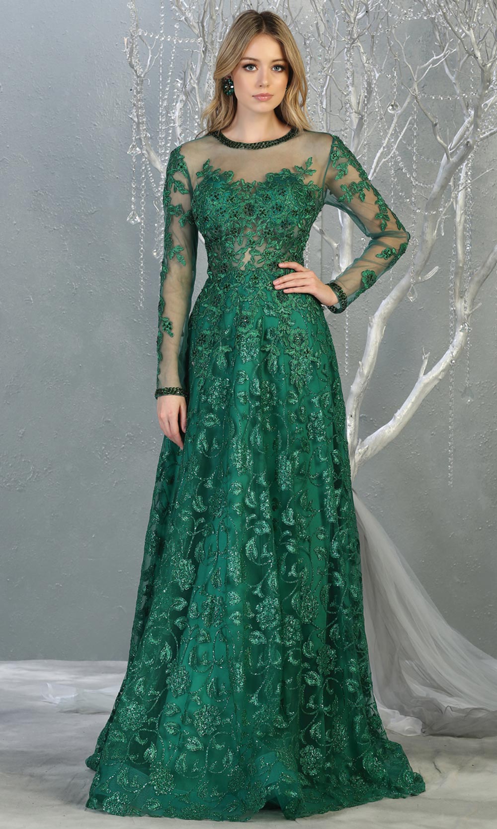 Mayqueen RQ7875 long hunter green modest evening dress w/long sleeves. Full length dark green flowy gown is perfect for enagagement/e-shoot dress, mother of bride, muslim evening party dress, prom, indowestern, wedding reception. Plus sizes avail.jpg
