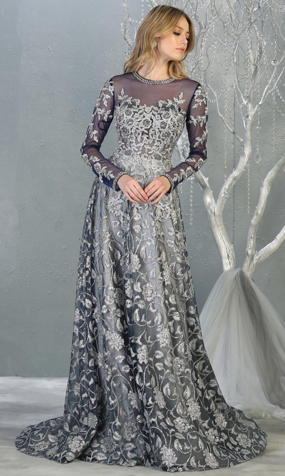 Mayqueen RQ7875 long navy silver modest evening dress w/long sleeves. Full length navy grey flowy gown is perfect for enagagement/e-shoot dress, mother of bride, muslim evening party dress, prom, indowestern, wedding reception. Plus sizes avail-2.jpg