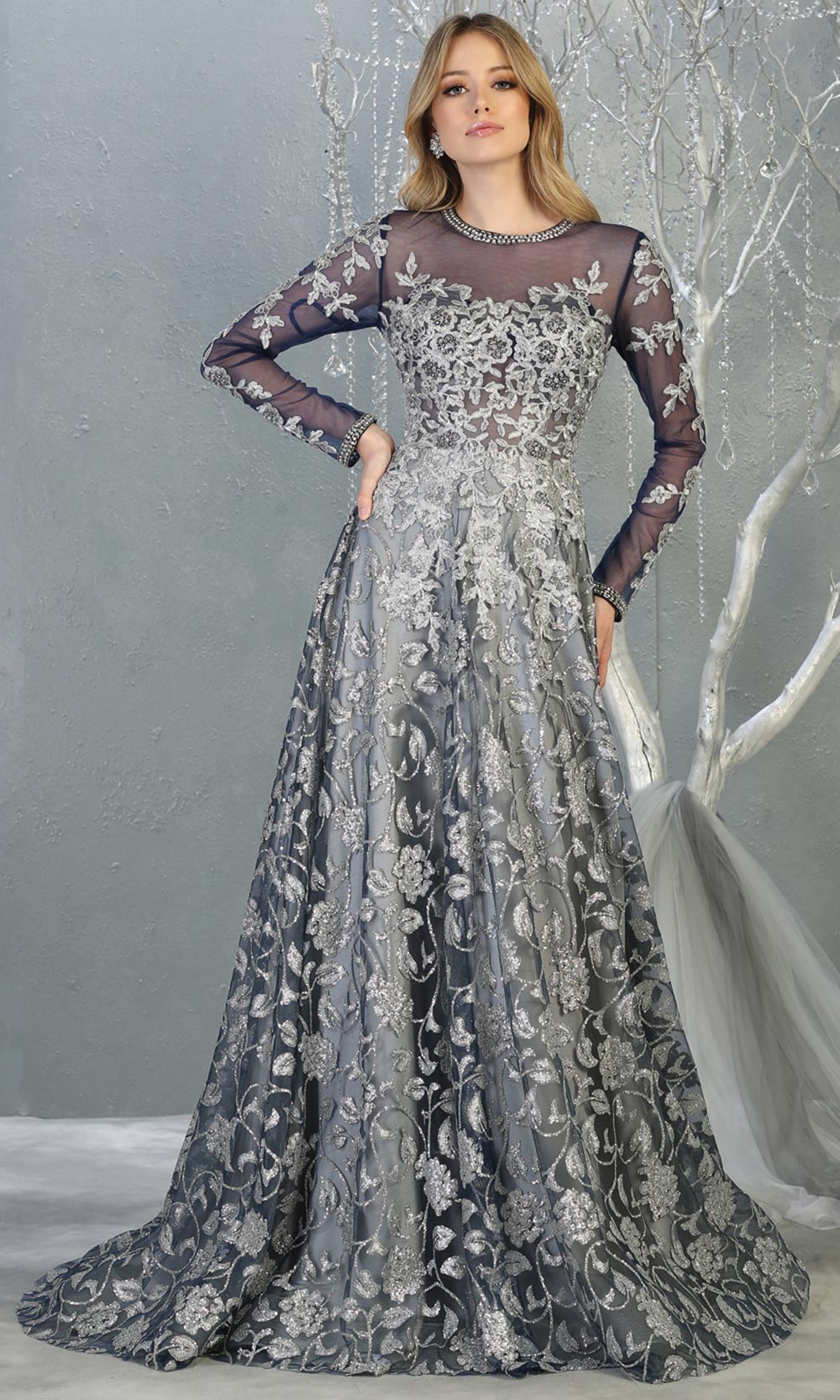 Mayqueen RQ7875 long navy silver modest evening dress w/long sleeves. Full length navy grey flowy gown is perfect for enagagement/e-shoot dress, mother of bride, muslim evening party dress, prom, indowestern, wedding reception. Plus sizes avail.jpg
