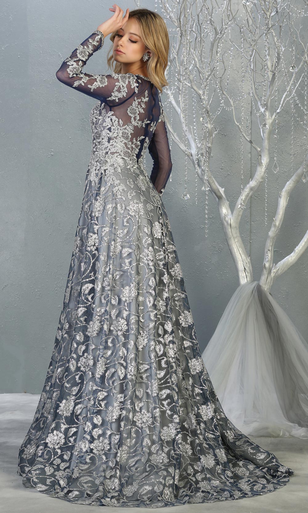 Mayqueen RQ7875 long navy silver modest evening dress w/long sleeves. Full length navy grey flowy gown is perfect for enagagement/e-shoot dress, mother of bride, muslim evening party dress, prom, indowestern, wedding reception. Plus sizes avail-b.jpg