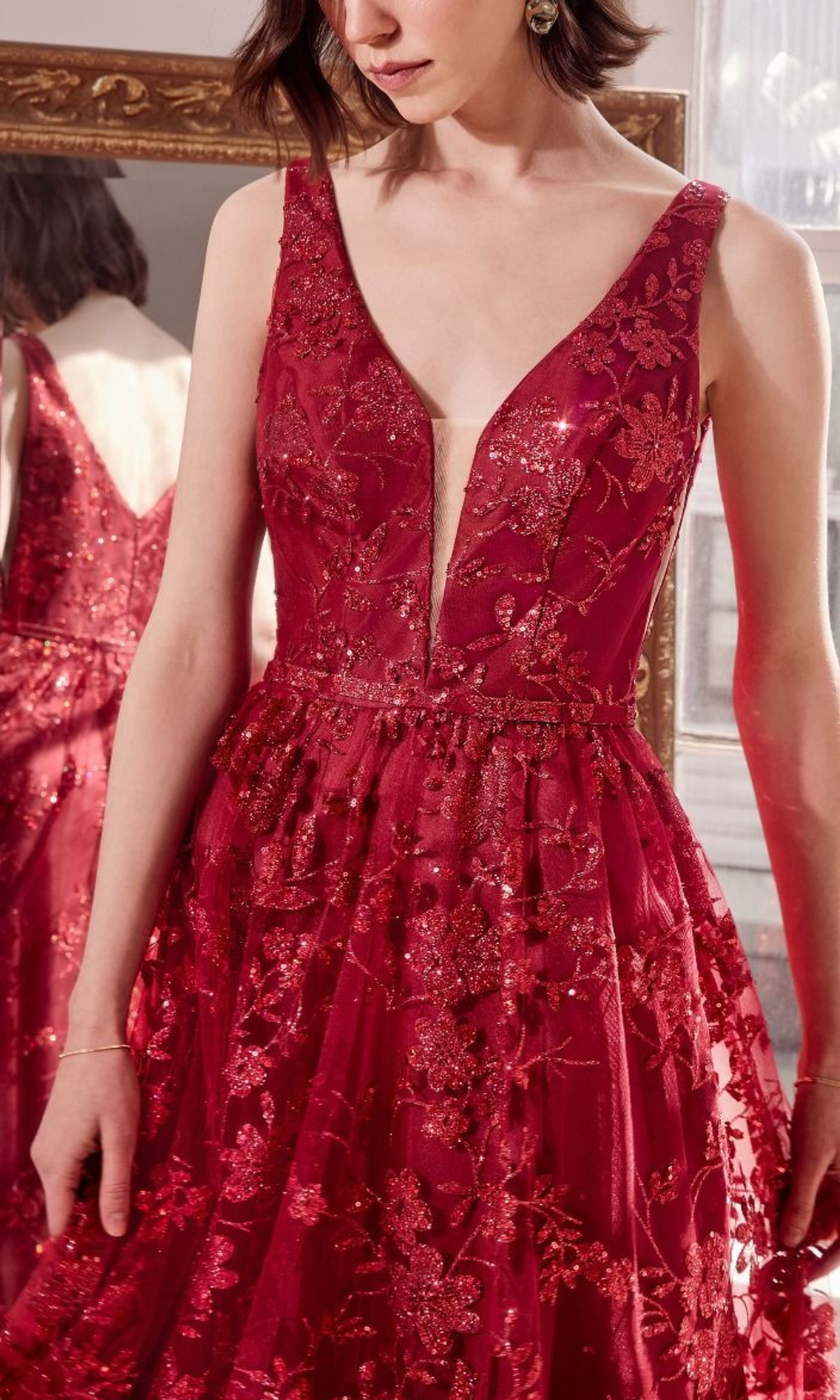LaDivine T606 burgundy — side view of the off-shoulder satin A-line ballgown bridesmaid gown