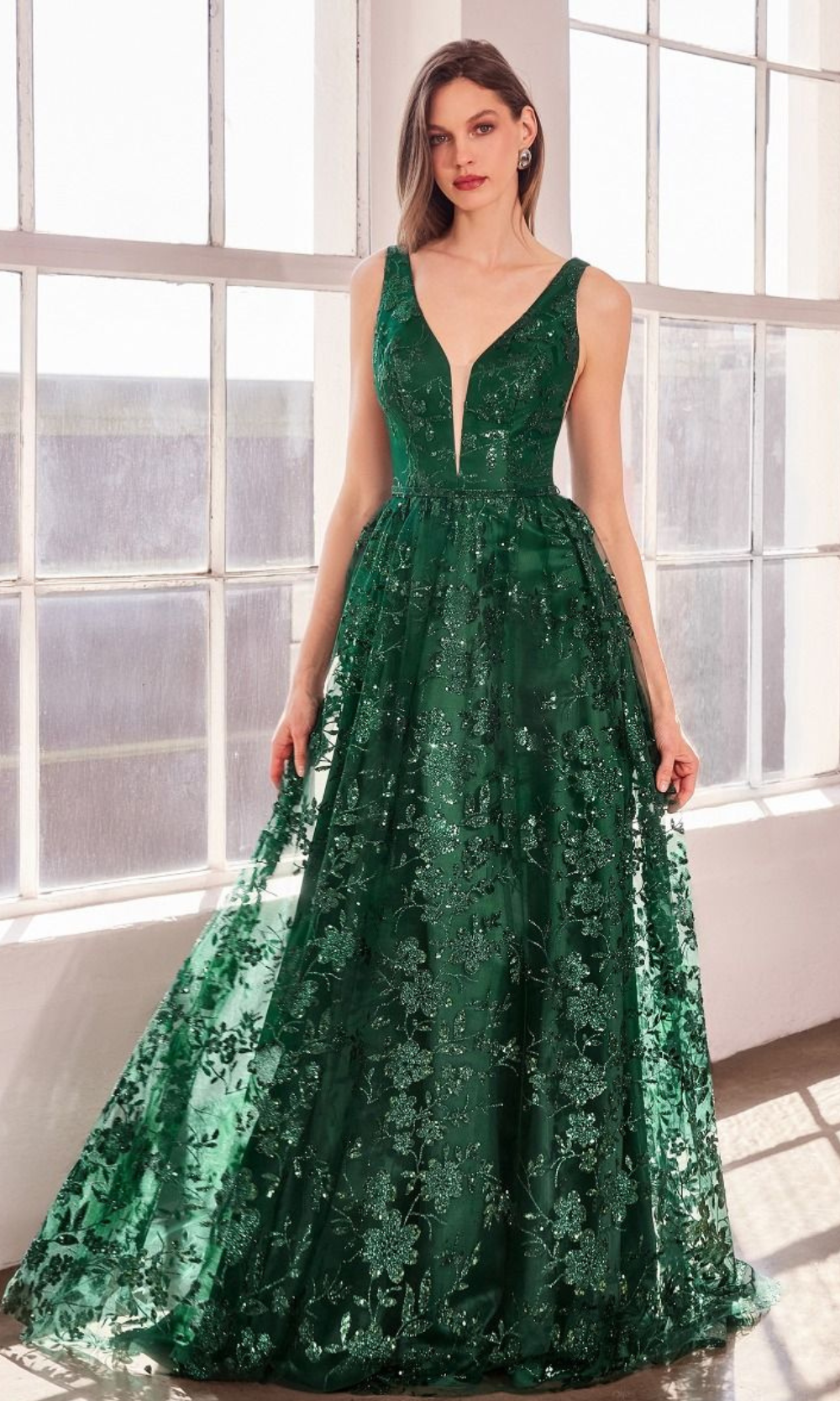 LaDivine T606 emerald — editorial full-length view of the off-shoulder satin A-line ballgown bridesmaid gown