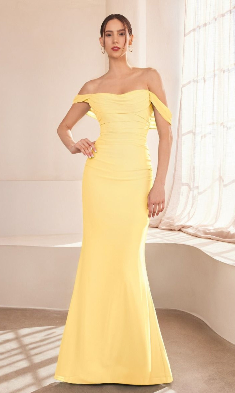 LaDivine T705 light yellow — editorial full-length view of the v-neck chiffon fitted bridesmaid gown