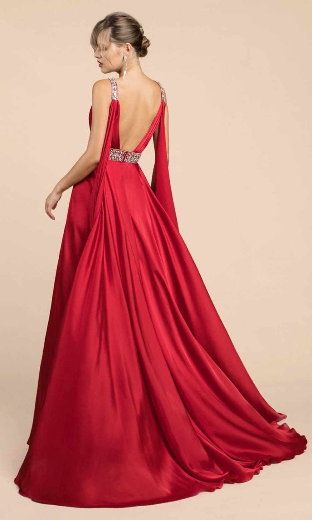 Ladivine - A0065 Cape Sleeve Slit Satin Gown In Red