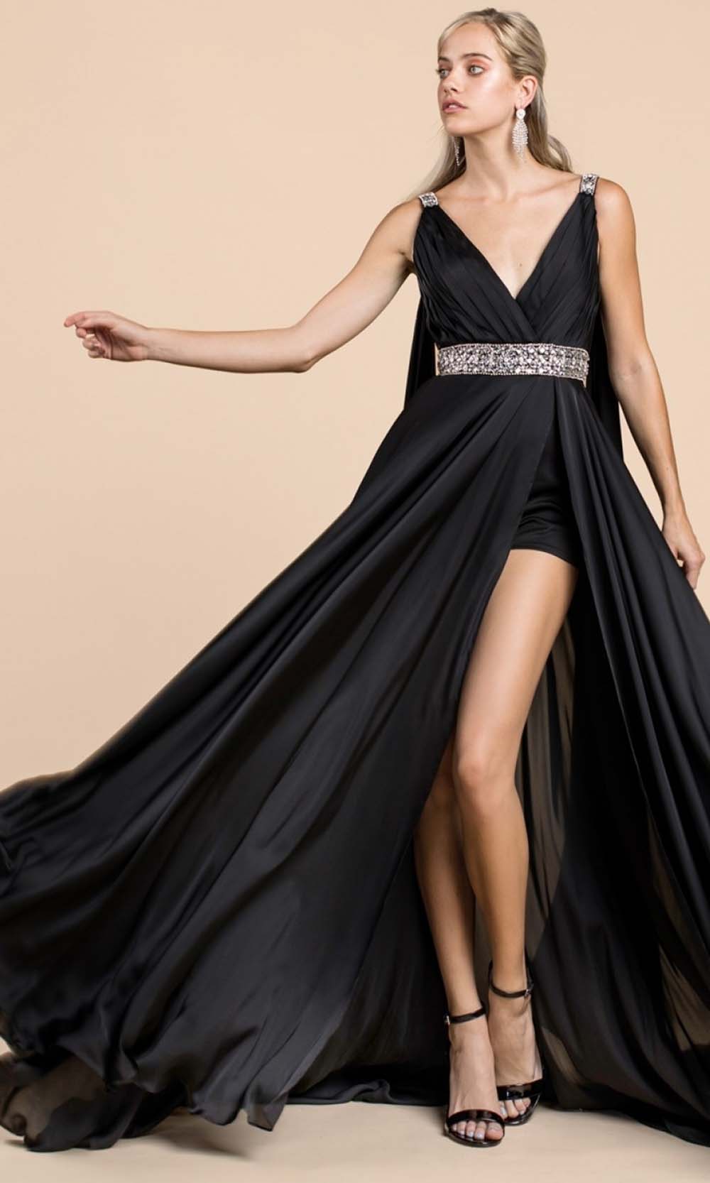 Ladivine - A0065 Cape Sleeve Slit Satin Gown In Black