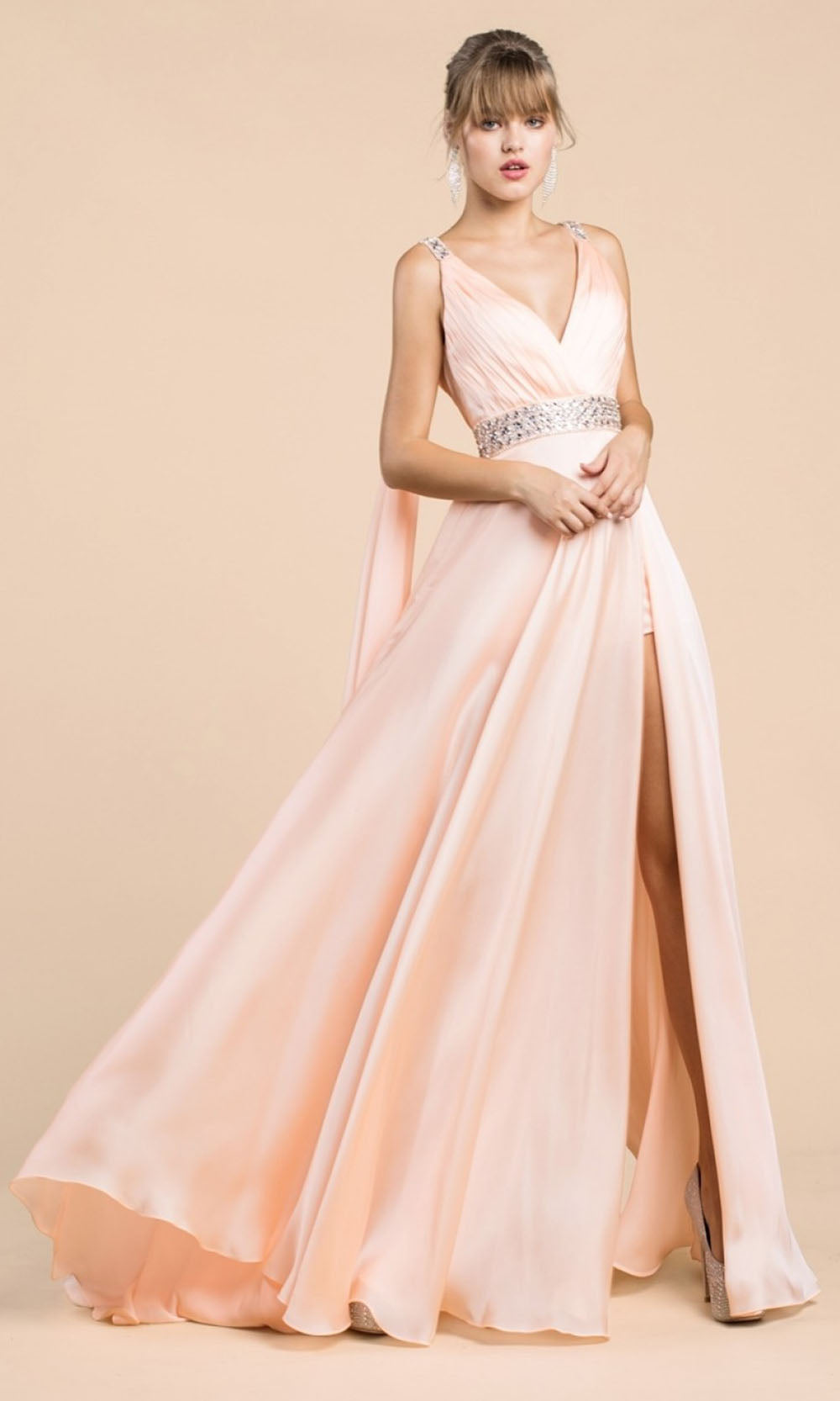 Ladivine - A0065 Cape Sleeve Slit Satin Gown In Pink