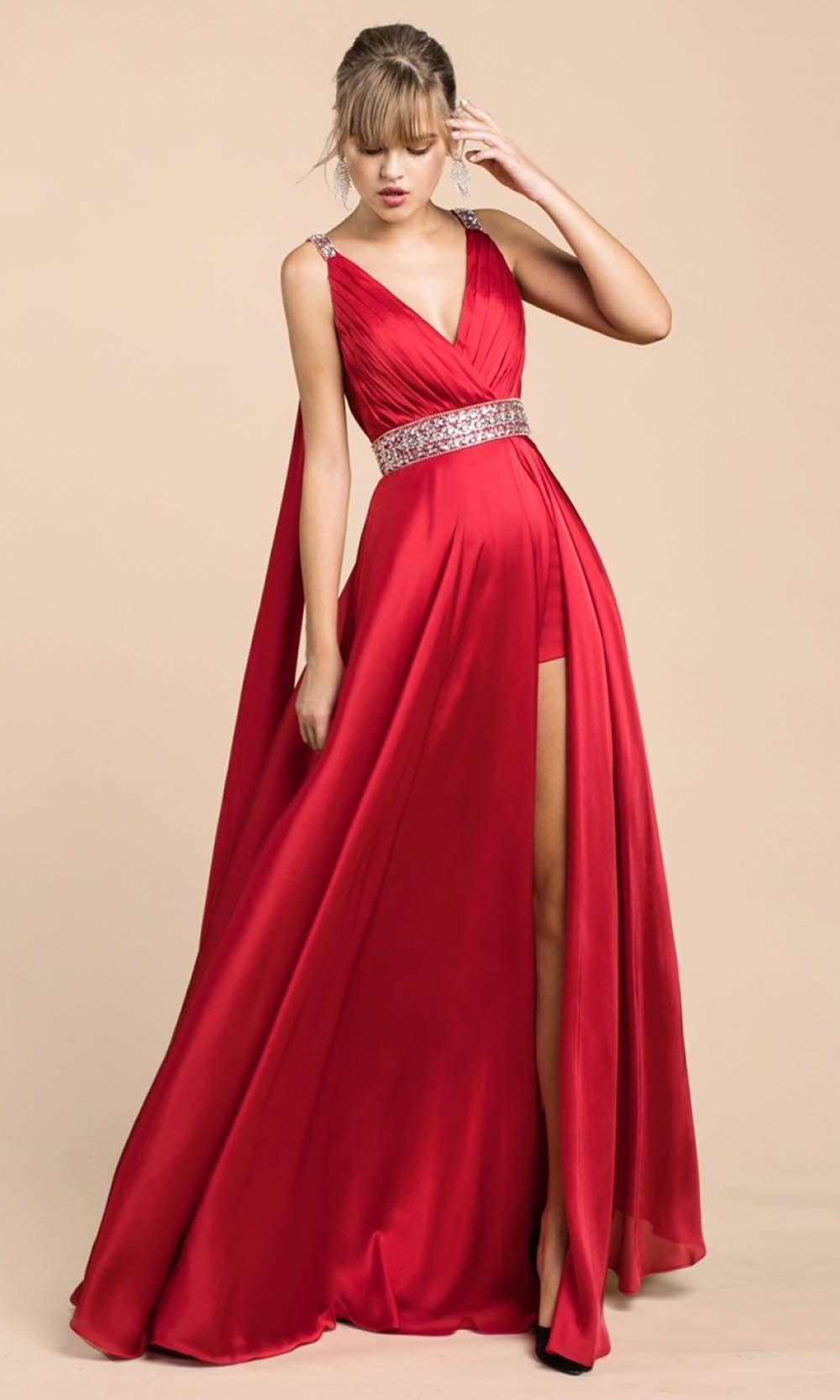 Ladivine - A0065 Cape Sleeve Slit Satin Gown In Red