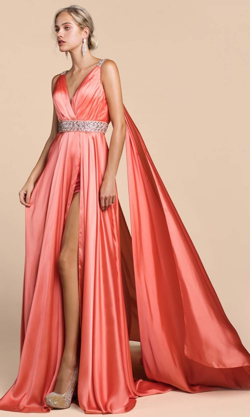 Ladivine - A0065 Cape Sleeve Slit Satin Gown In Coral & Orange