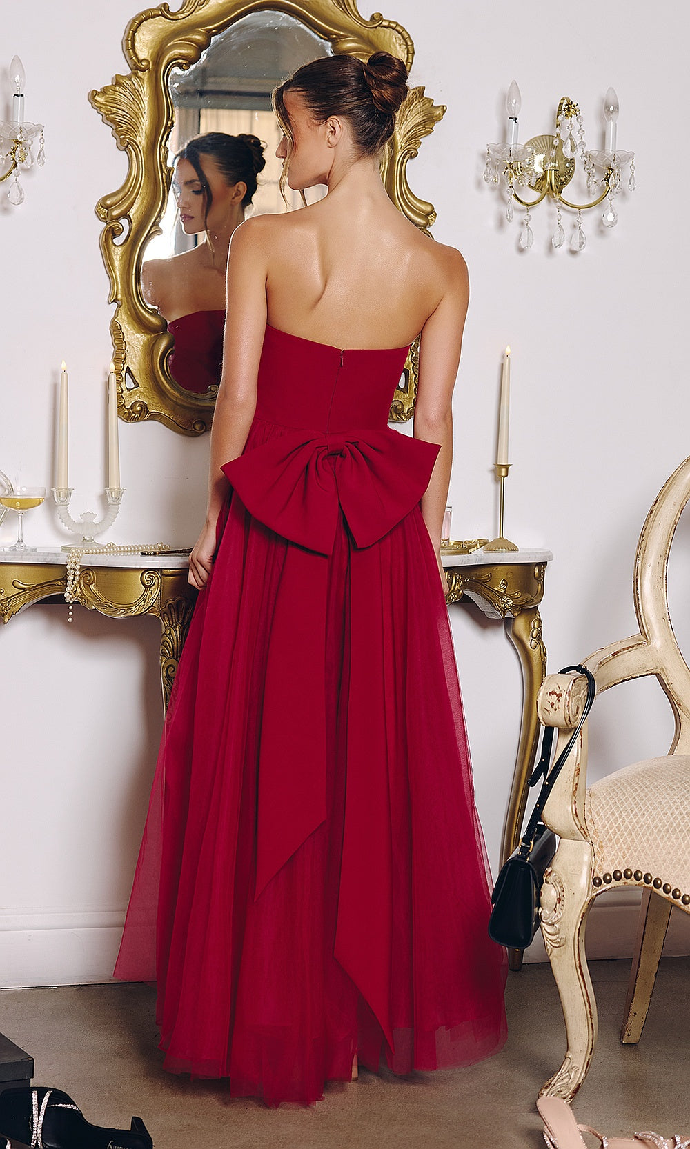 Ladivine T712 Strapless Tulle Ball Gown – Structured Bodice Floor-Length Dress with Overskirt