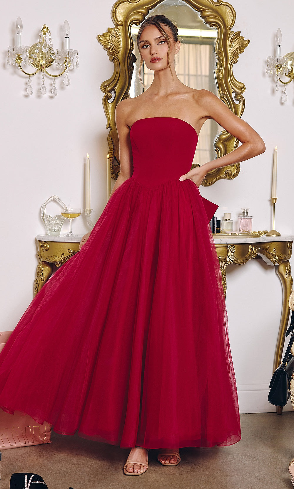 Ladivine T712 Strapless Tulle Ball Gown – Structured Bodice Floor-Length Dress with Overskirt