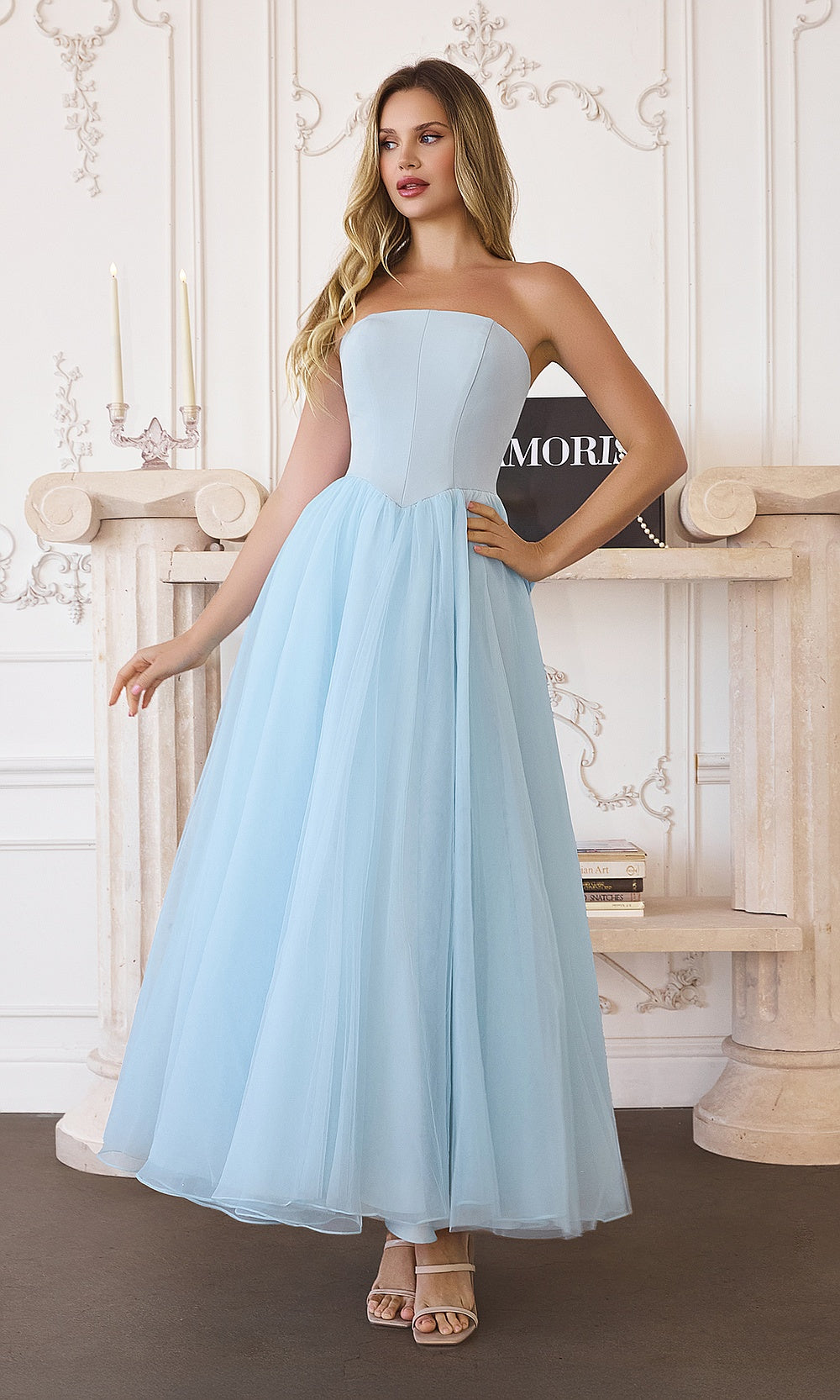 Ladivine T712 Strapless Tulle Ball Gown – Structured Bodice Floor-Length Dress with Overskirt
