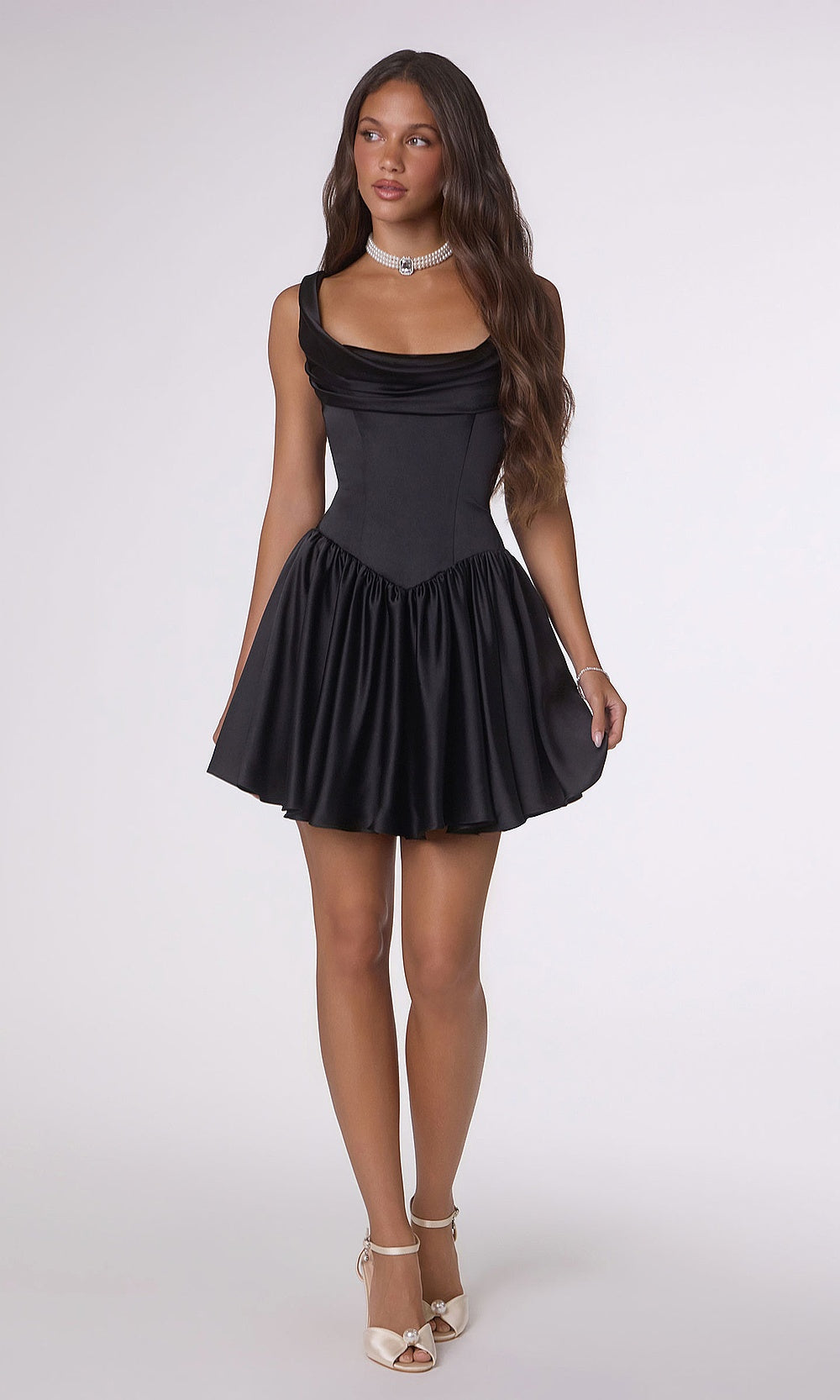 LaDivine T735 black corset-bodice full-skirt satin mini dress, homecoming dress — clean front view of the fitted silhouette