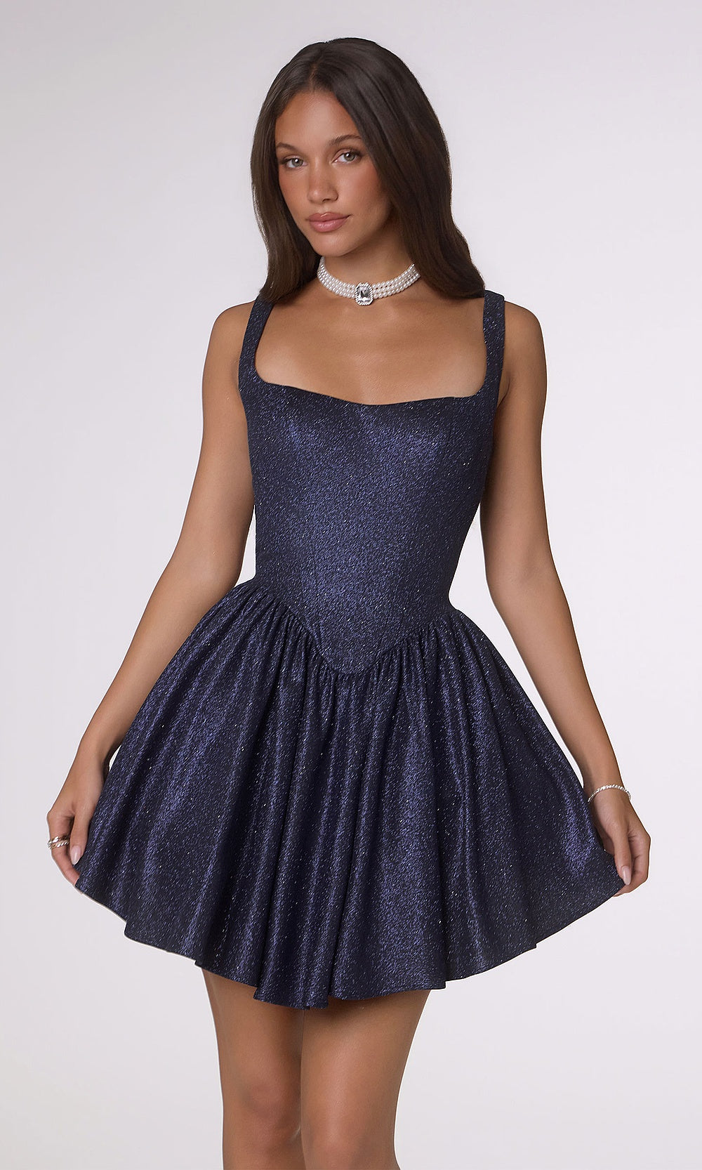 LaDivine T738 navy corset-bodice full-skirt glitter mini dress, homecoming dress — clean front view of the fitted silhouette