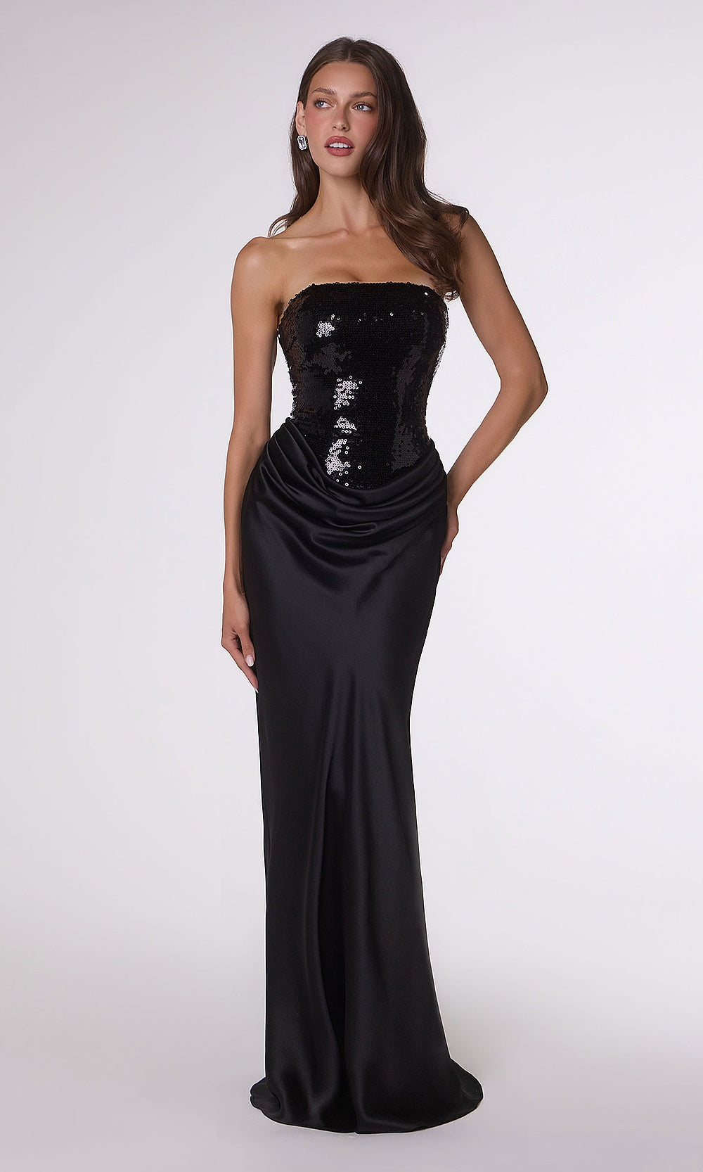 LaDivine T744 black strapless sequin-bodice ruched satin gown, evening gown — clean front view of the fitted silhouette