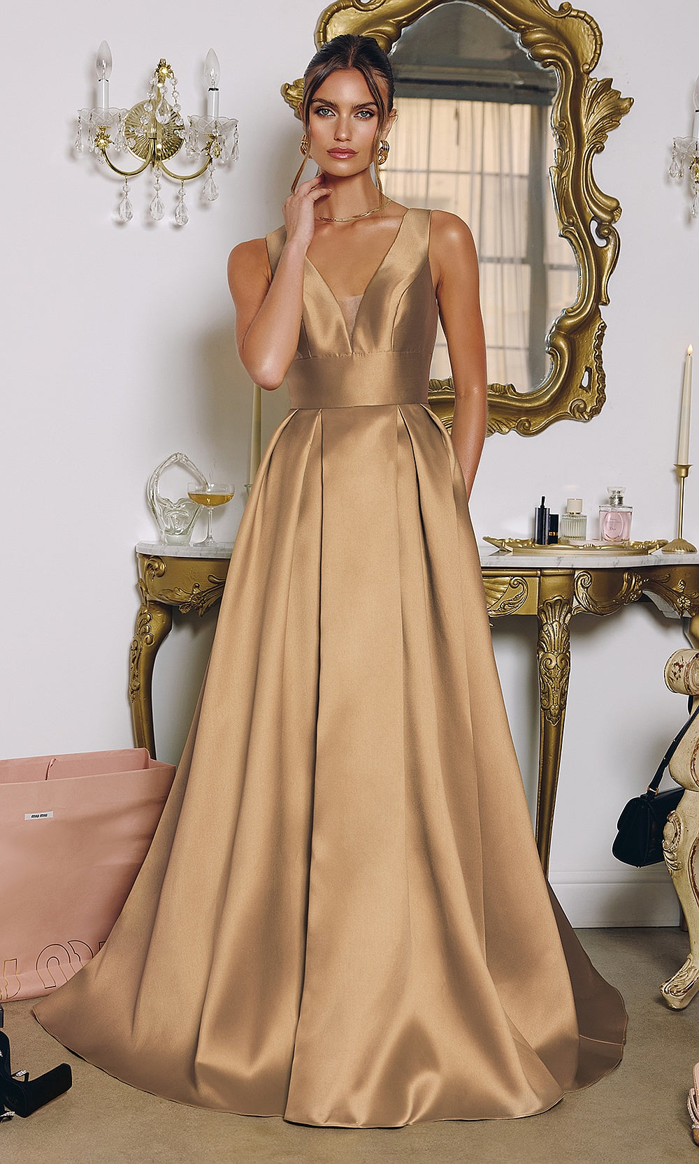 LaDivine T814 Sleeveless Wide-Strap Sweetheart A-Line Satin Gown – High-Back Pocket Train Formal Dress