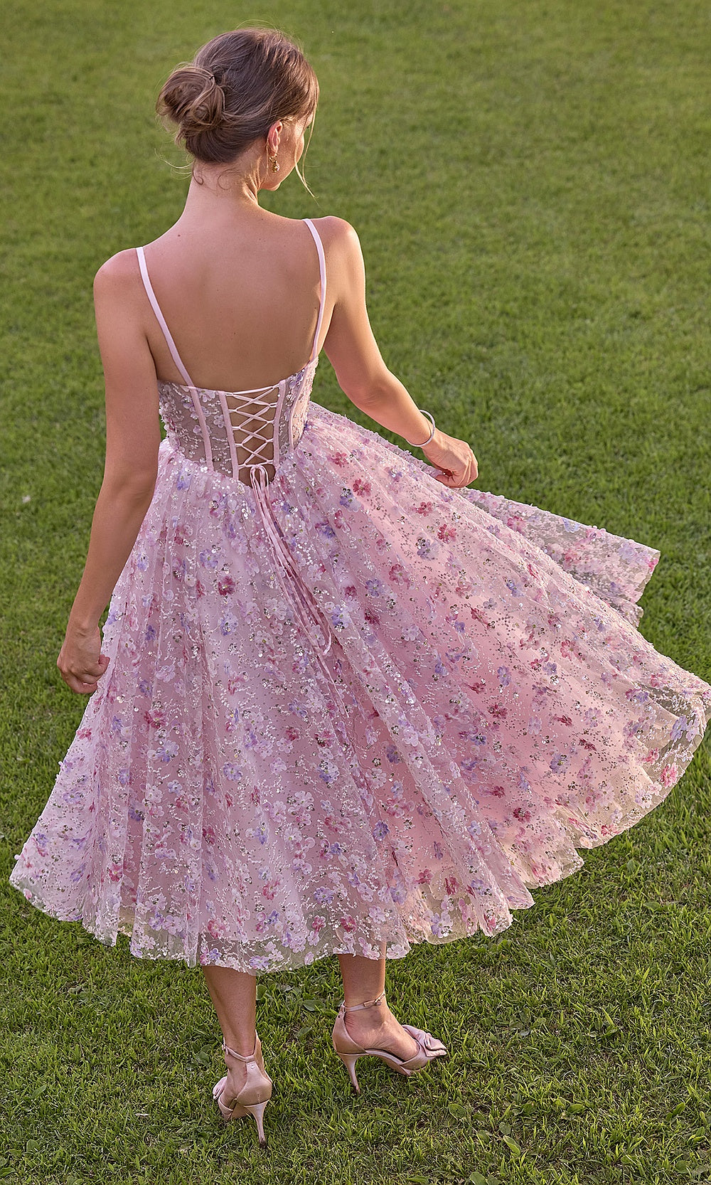 Andrea and Leo A1523 Blush back editorial view with open lace-up crisscross closure, A-line fit-and-flare tulle skirt, cocktail party dress