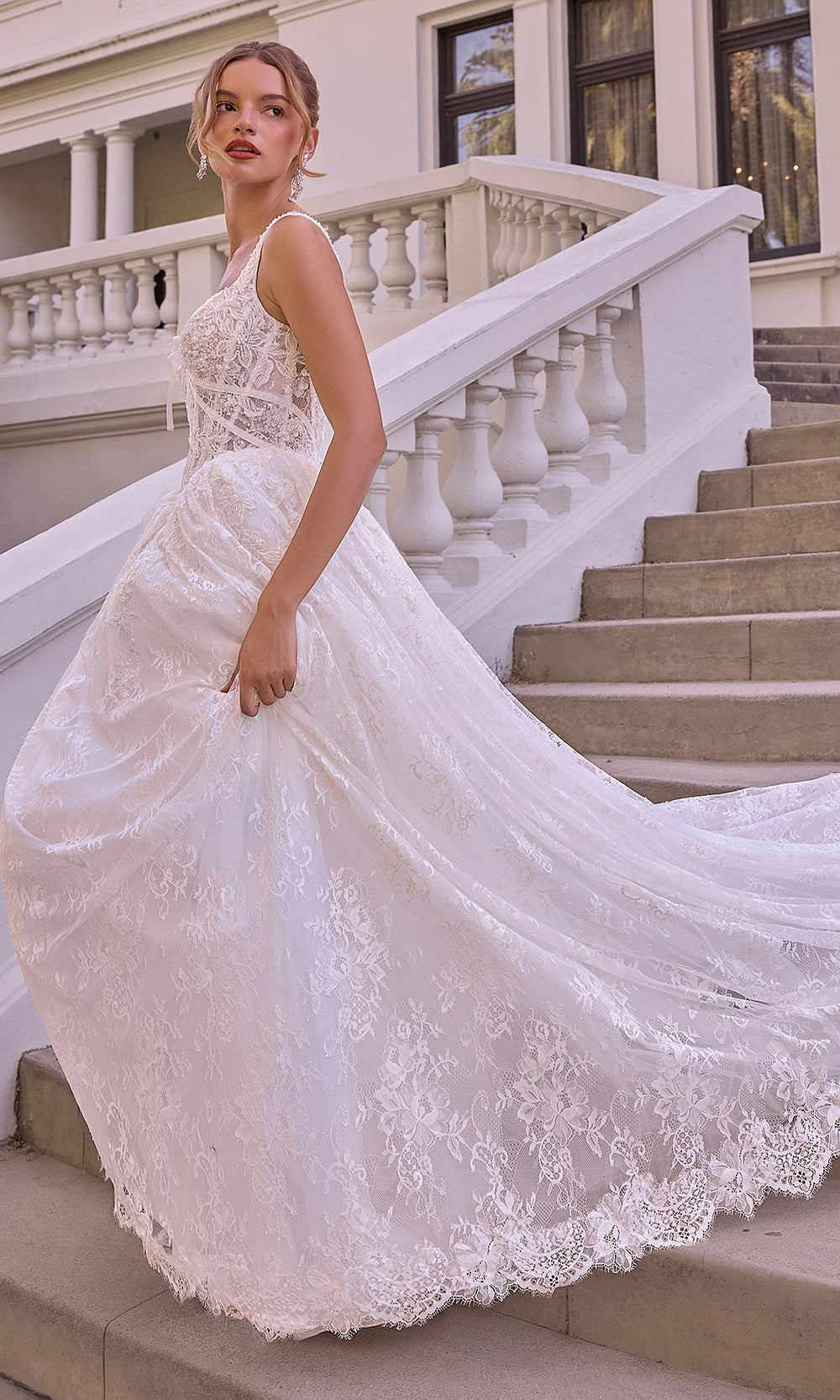Andrea and Leo WL073 Off White side view wedding gown with cathedral train, full tulle and lace A-line ballgown skirt, sweetheart neckline, bridal shower styling