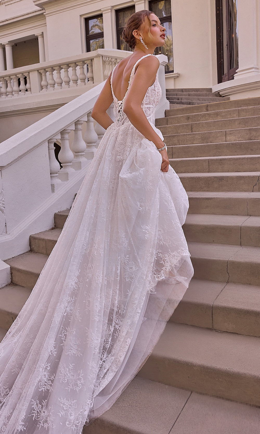 Andrea and Leo WL073 Off White back view wedding dress with deep open back and lace-up waist corset closure, cathedral train, A-line ballgown, wedding reception dress