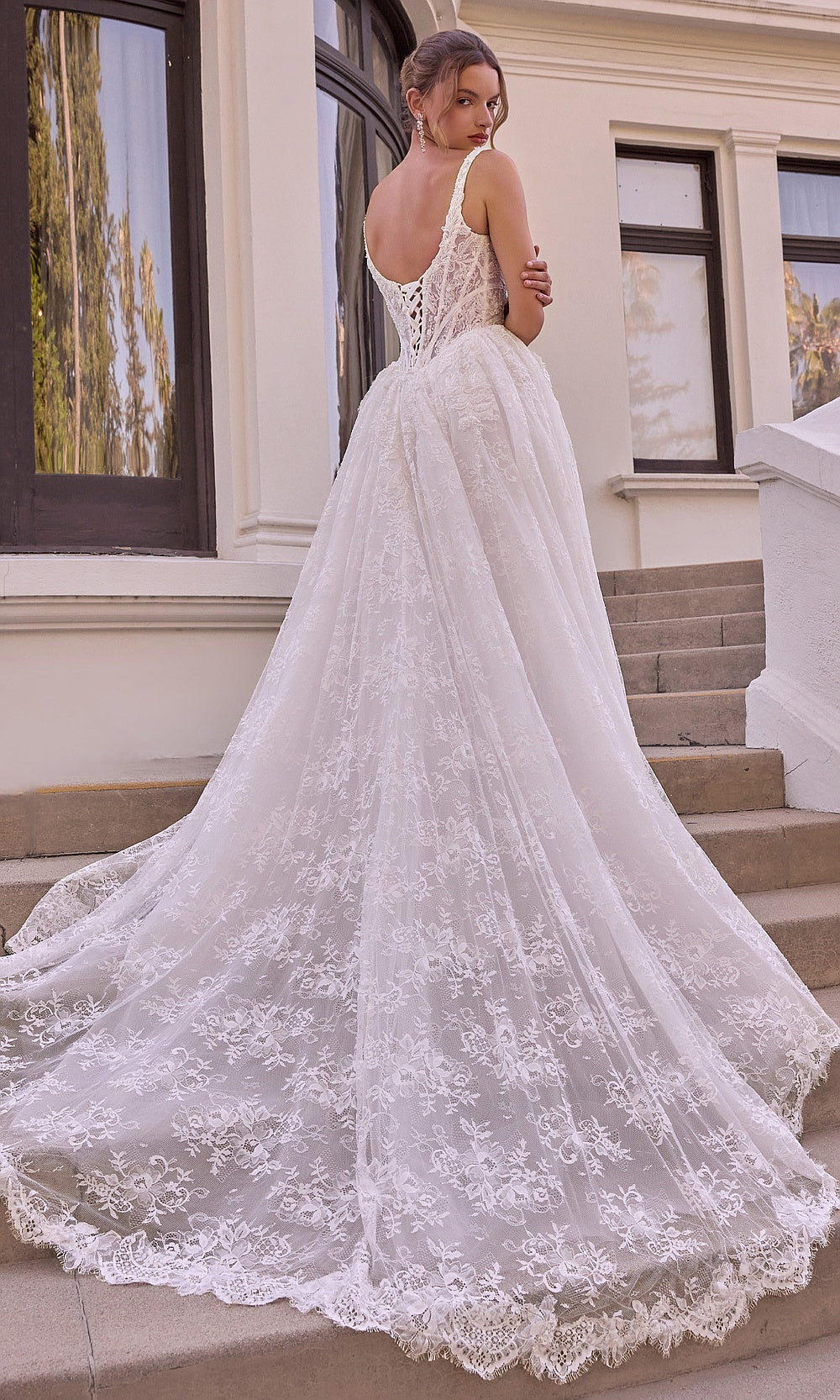 Andrea and Leo WL073 Off White back view wedding gown with open lace-up corset back, cathedral train, full A-line ballgown skirt, engagement party dress