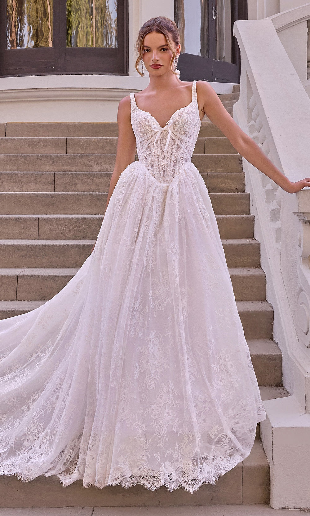 Andrea and Leo WL073 Off White front view wedding dress with lace and tulle, pearl-beaded sweetheart corset bodice, A-line ballgown silhouette, bridal shower styling