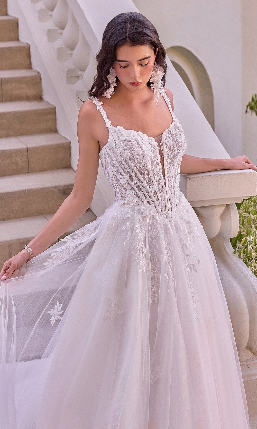 Andrea and Leo WL075 Off White wedding ballgown editorial front detail with beaded lace appliqués, embroidery, boned sweetheart corset, tulle A-line skirt, wedding reception dress