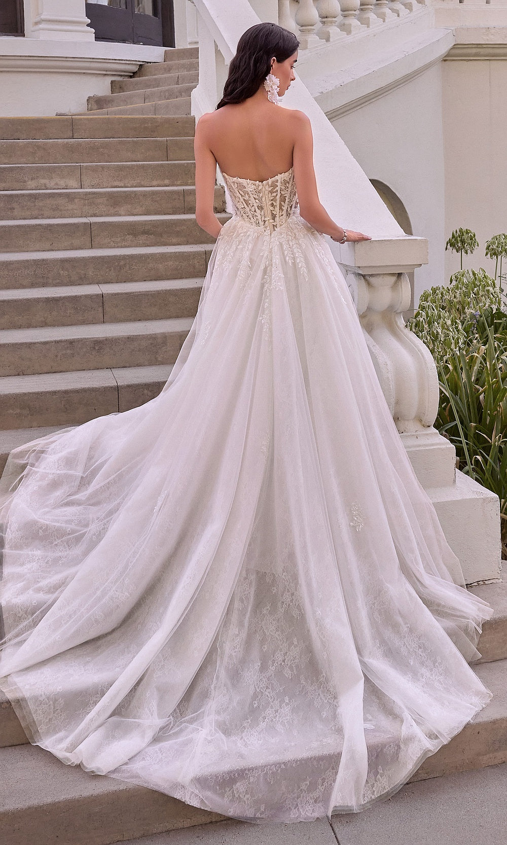 Andrea and Leo WL075 Off White wedding ballgown back view showing sheer illusion panel, corset boning, tulle train, floral lace appliqués, engagement party dress