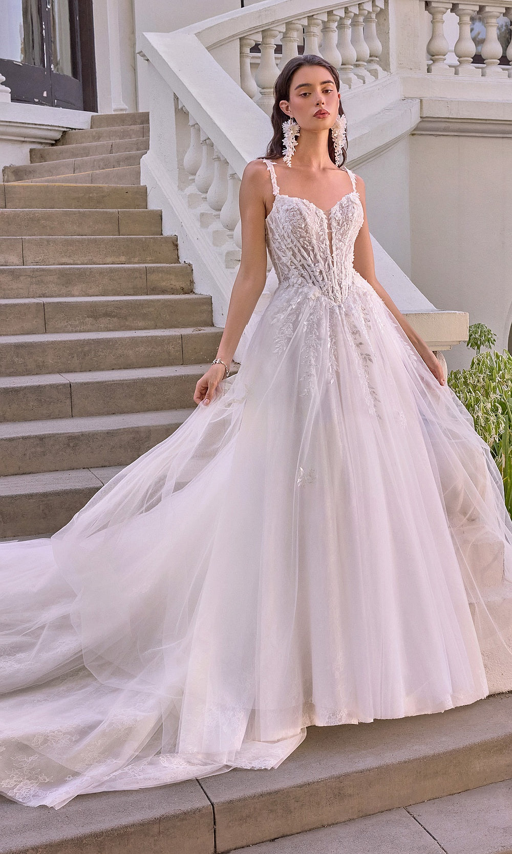 Andrea and Leo WL075 Off White wedding ballgown front view with tulle skirt, sweetheart corset bodice, lace appliqués, spaghetti straps, A-line silhouette, bridal shower styling