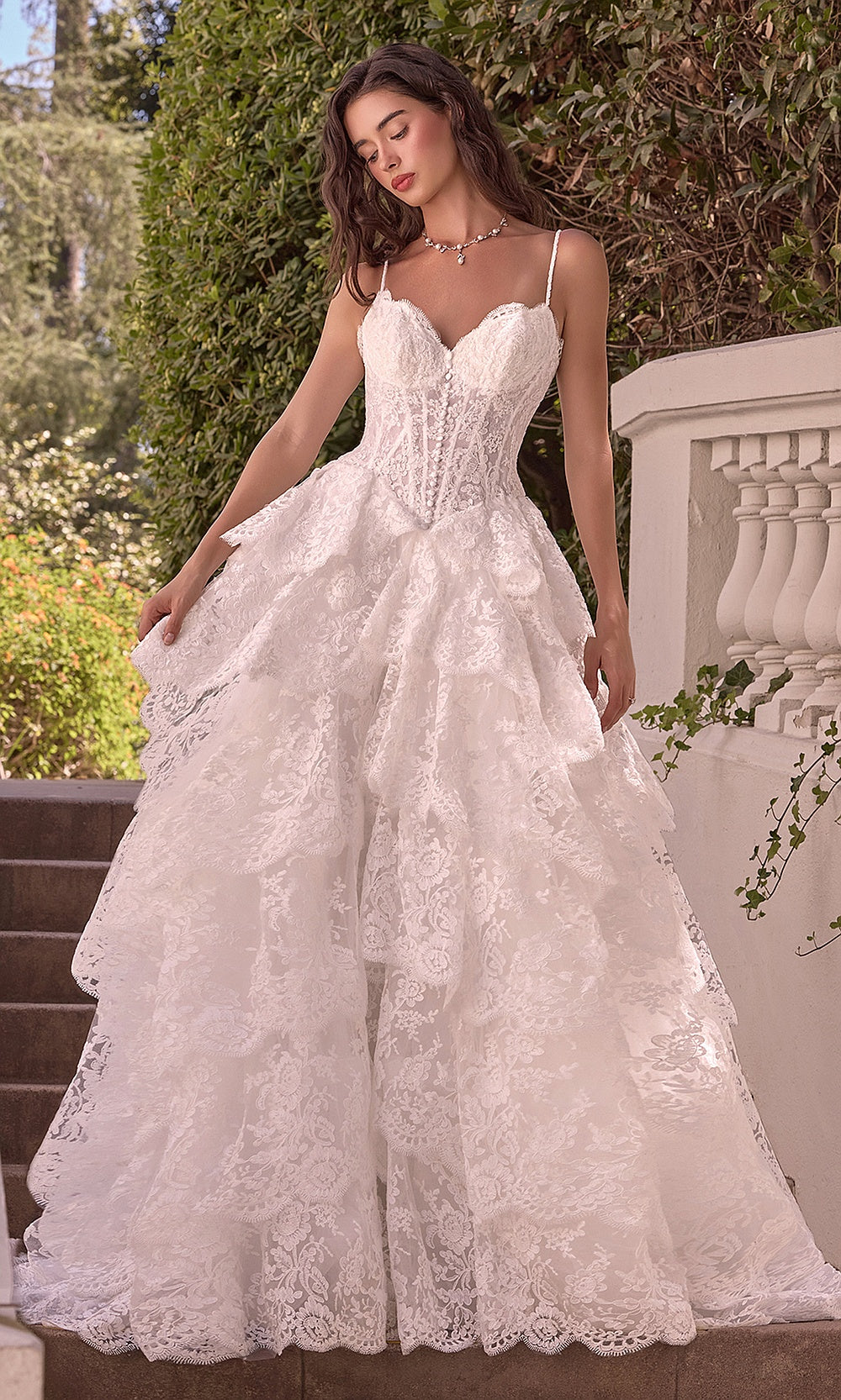 Andrea and Leo WL076 Off White bridal ballgown sweetheart neckline lace corset, asymmetric tiered lace ruffle skirt, full-length front view wedding reception dress