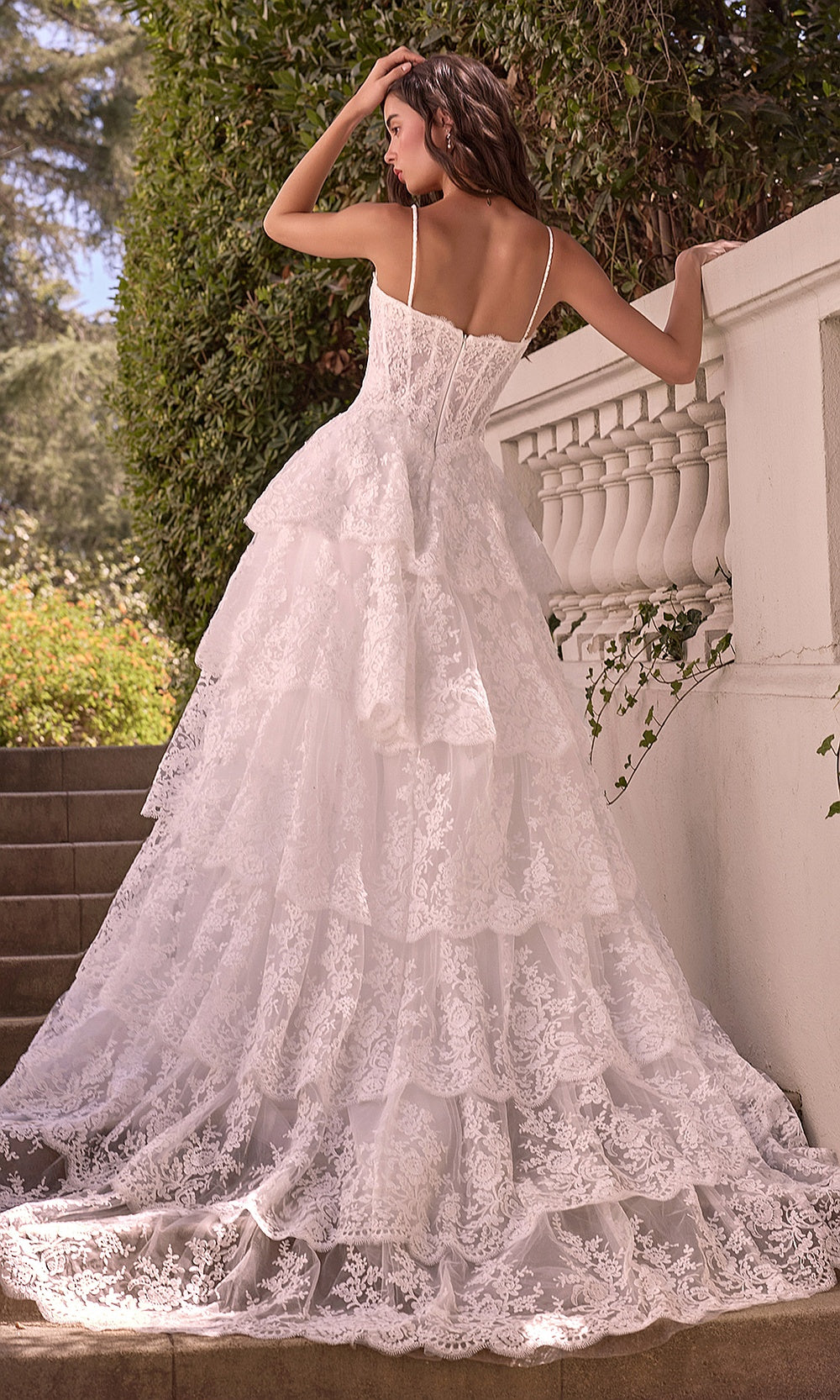 Andrea and Leo WL076 Off White lace back with concealed zipper, covered bridal ballgown back view, wedding reception dress with A-line ruffle train