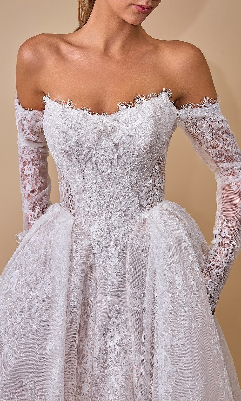 Andrea and Leo WL079 Off White wedding dress detail view with floral appliqués, embroidery, sheer long lace sleeves, bridal shower styling